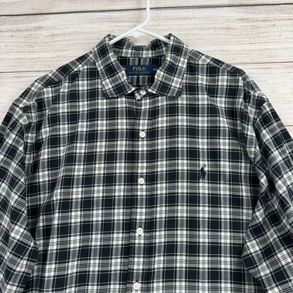 Polo Ralph Lauren Plaid Long Sleeve Button Down Shirt Mens XXL‎ Black Gray White